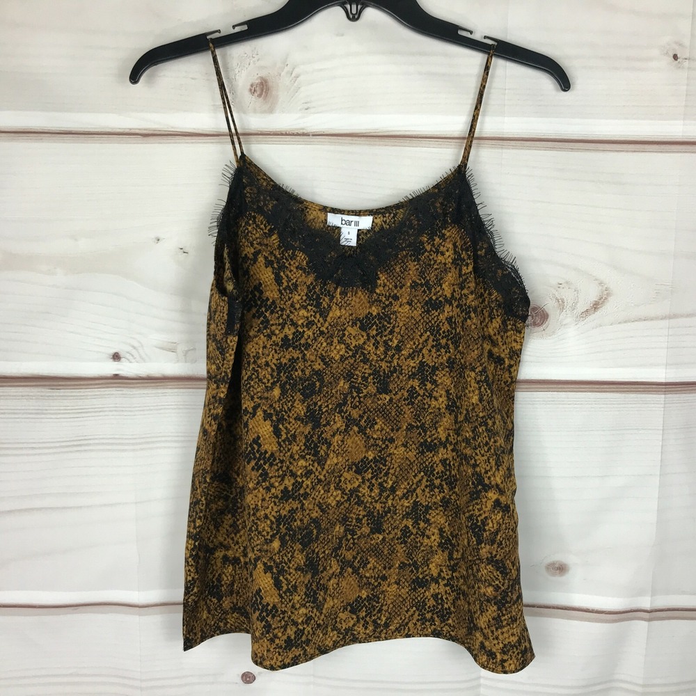 Bar III Top Womens S Snakeskin Satin Cami Tank Lace Trim V-Neck Spaghetti Strap